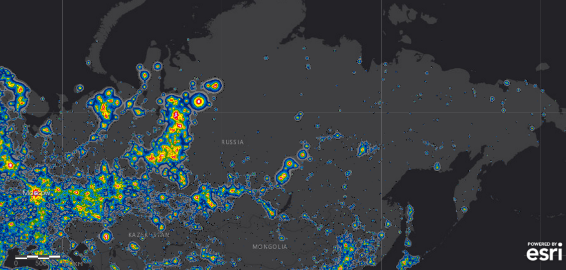 Карта светового загрязнения России (цветовые обозначения на следующем рисунке)