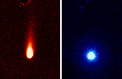 Снимок кометы ISON (сделан орбитальным телескопом Spitzer в различных ИК диапазонах) – сайт НАСА. (на левом снимке виден хвост кометы из пыли, на правом снимке - шарообразное облако углекислого газа).