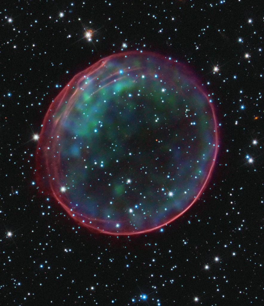 SNR 0509-67.5 — остаток сверхновой, вспыхнувшей около 400 лет назад в галактике Большое Магелланово Облако. Фото: NASA, ESA, CXC, SAO, the Hubble Heritage Team (STScI/AURA), and J. Hughes (Rutgers University)