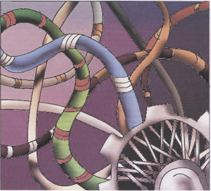 В этом панно главным мотивом является изображение большой шестерни связанной пучком разноцветных проводов.