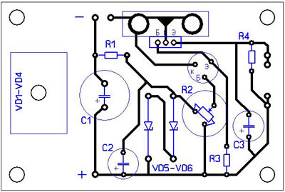 Рис. 7. Чертеж печатной платы с элементами.