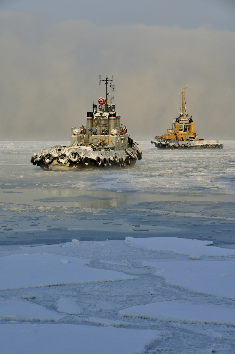 Кольский залив Баренцева моря. г.Североморск. Зима 2010-2011, после многолетнего перерыва выдала такой мороз, что замерз Кольский залив. Не покрыт льдом только форватер. Как раз над форватером и поднимаются плотные клубы пара, из-за которого не видно прот