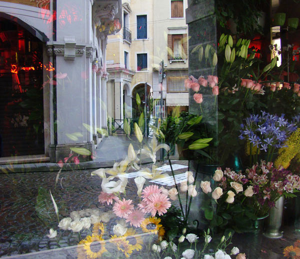 Отражение улицы в витрине цветочного магазина.