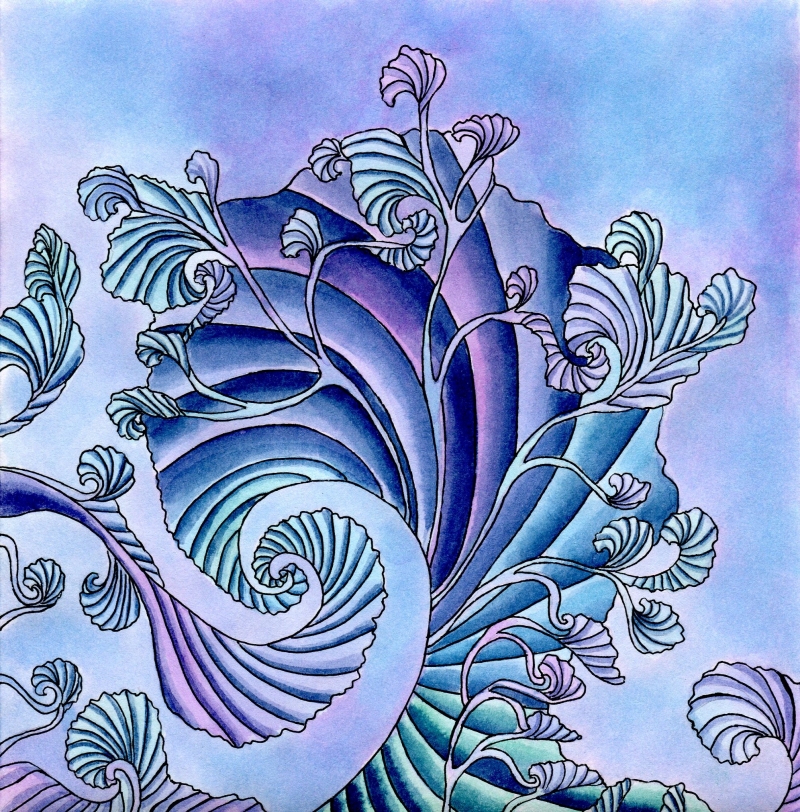 Эскиз платка выполнен на тему ассоциативного изображения морской раковины. Предназначен для выполнения в технике "холодный батик" на атласе.
