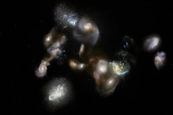 Представление художника о группе сливающихся галактик ранней Вселенной, зарегистрированных телескопами ALMA и APEX (ESO/M. Kornmesser)